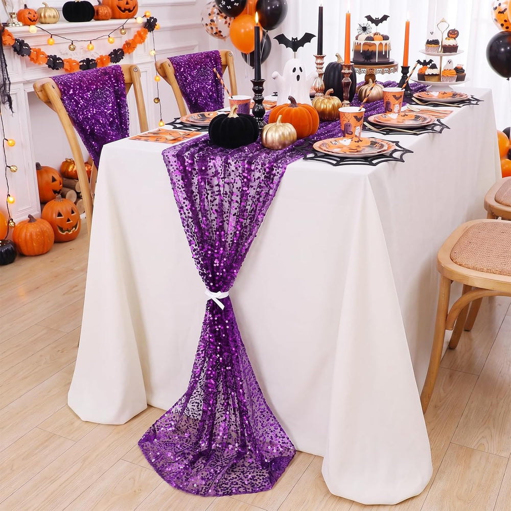 2 Pack Sequin Table Runner 120inch 10FT Rectangle Purple Party Table Runner