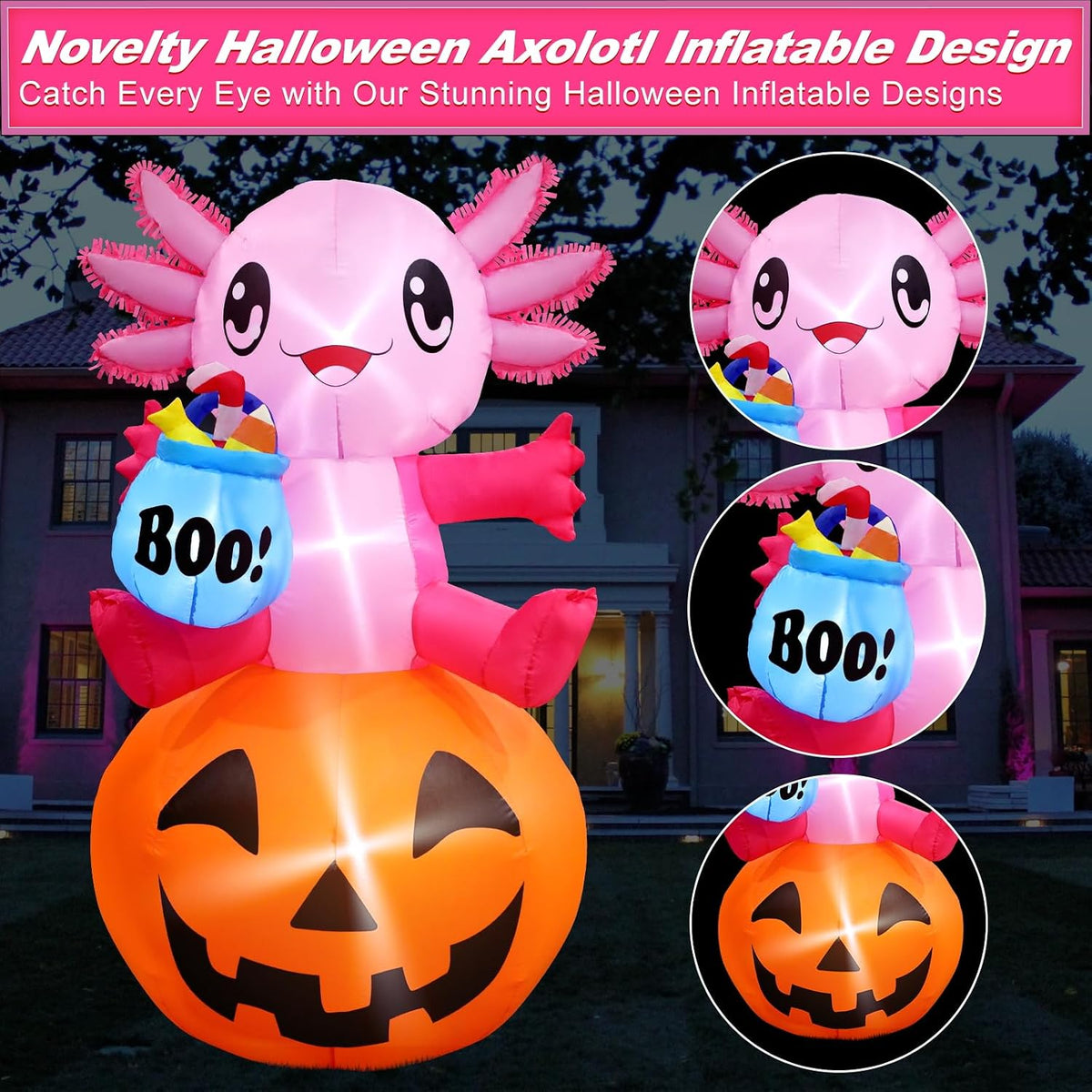anroog halloween decorations outdoor 5.2ft axolotl inflatables pumpkin showing dimensions