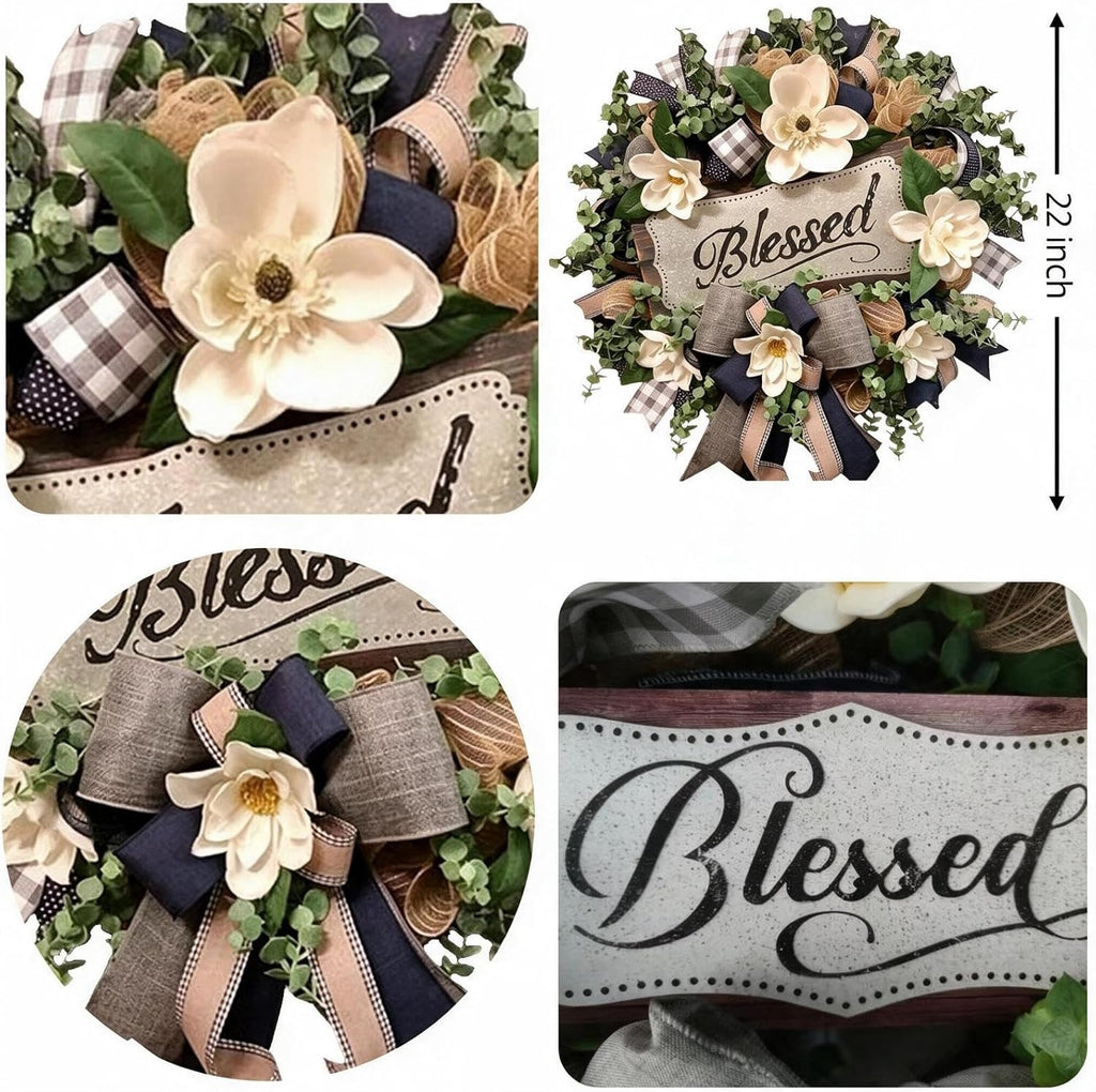 spring summer wreath for front door,farmhouse white floral, side view