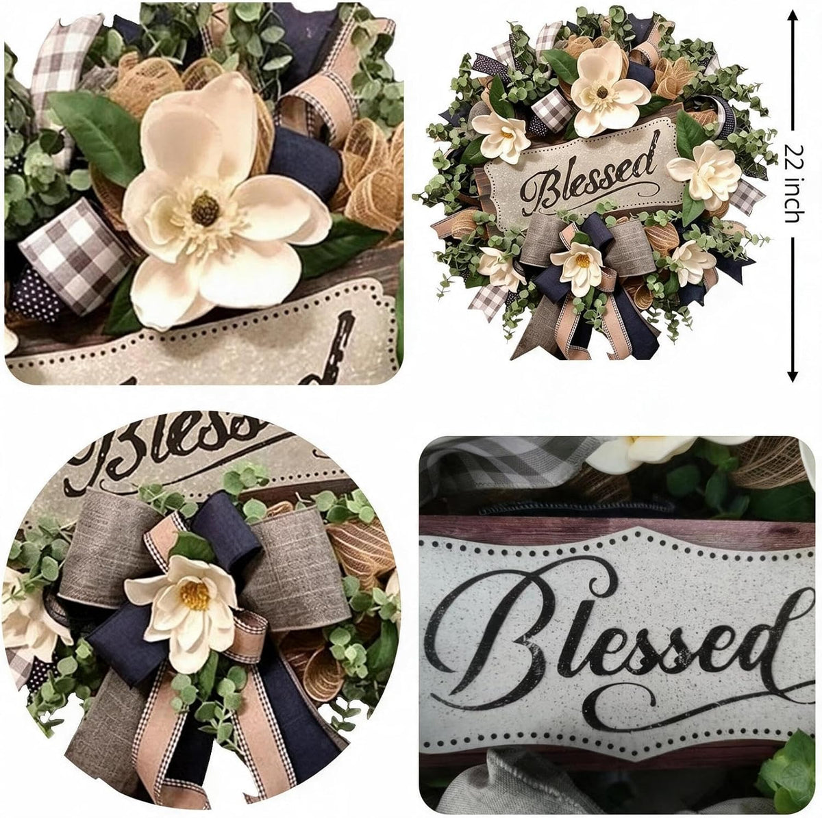spring summer wreath for front door,farmhouse white floral, side view