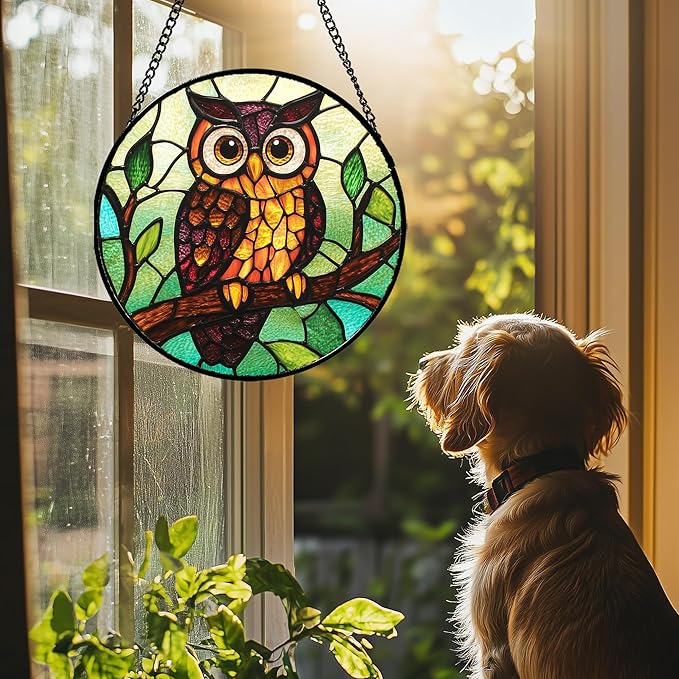 Stained Glass Window Hanging - Owl on a Branch Suncatcher for Doors Window Home Orange Brown Sun Catchers Decor Christmas Mother's Day Birthday Gifts for Teacher Women Men Mom Nana 9.8 in