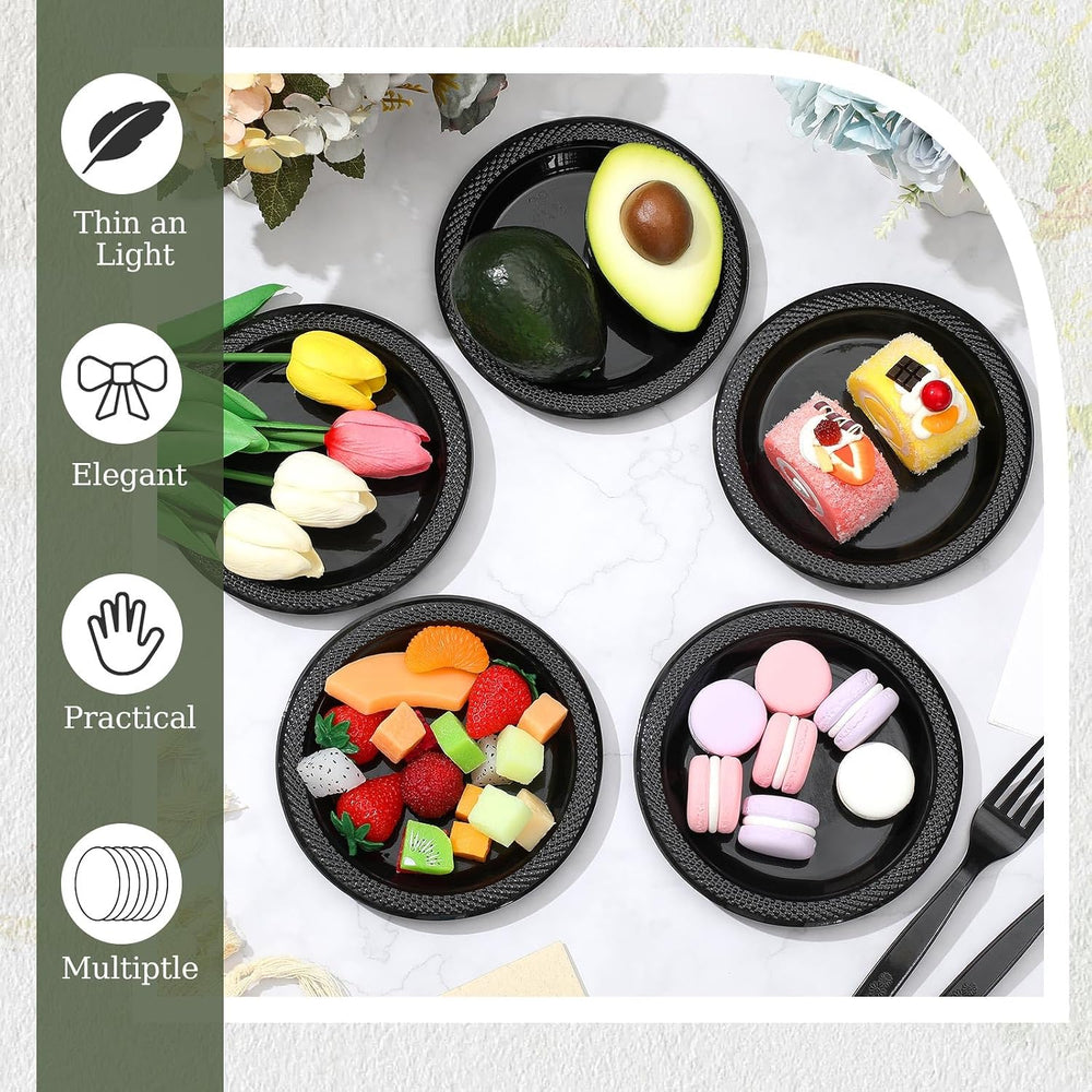 Hushee 600 Pcs Black Plastic Dessert Plates 6'' with Forks 7''...