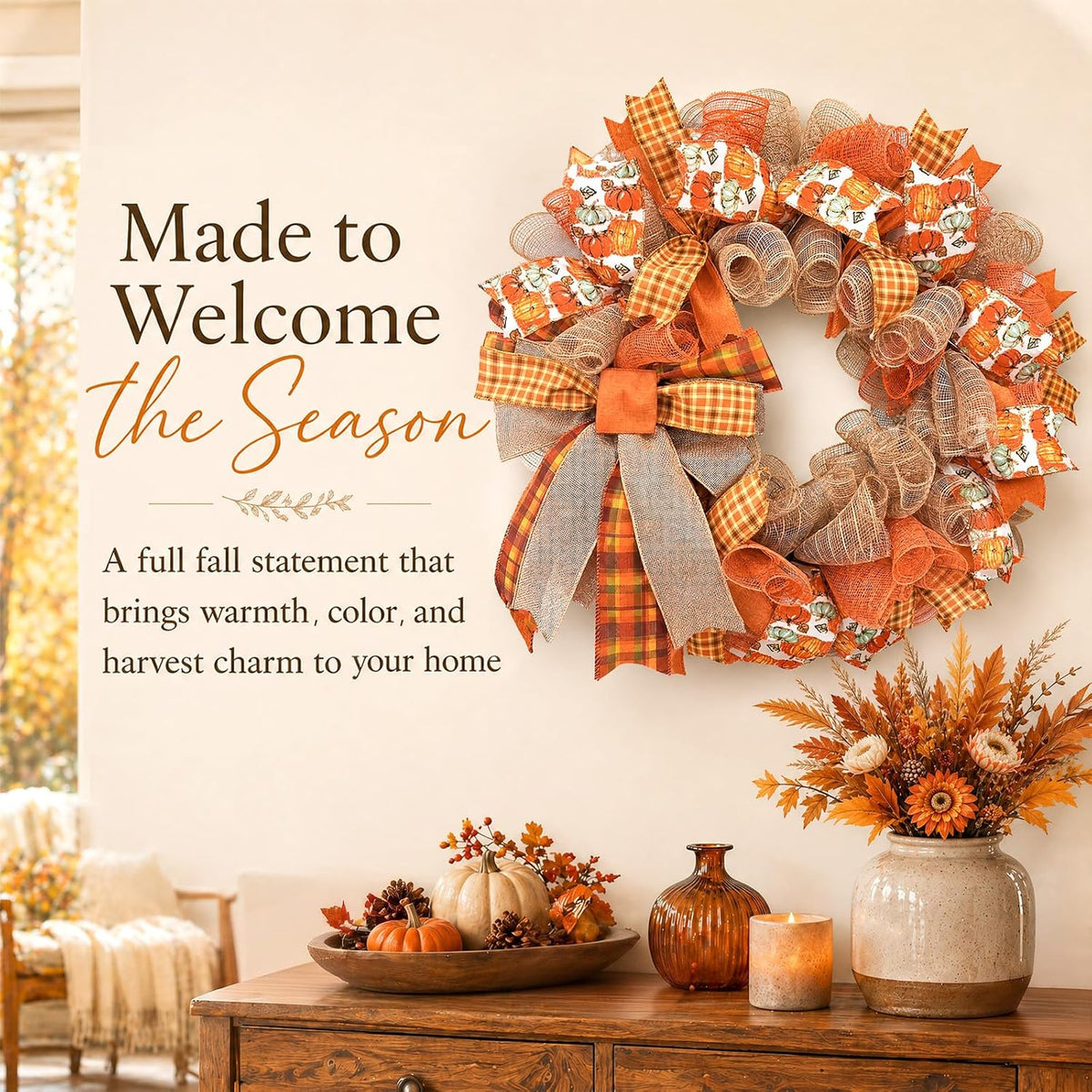 24 Inch Fall Wreaths for Front Door, Pumpkin Wreath