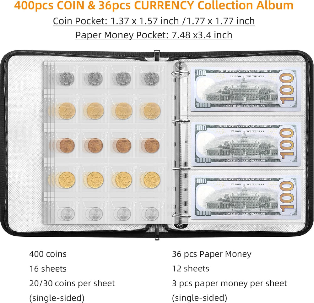 400 Pockets Fireproof Coin Collection Book &36 Paper Money Organizer Binder