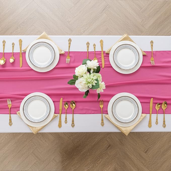 12Pack 9ft Chiffon Table Runner 14x108 Inch Sheer Romantic Table Runner for Wedding Birthday Party Bridal Shower Outdoor Decoration-Fuchsia
