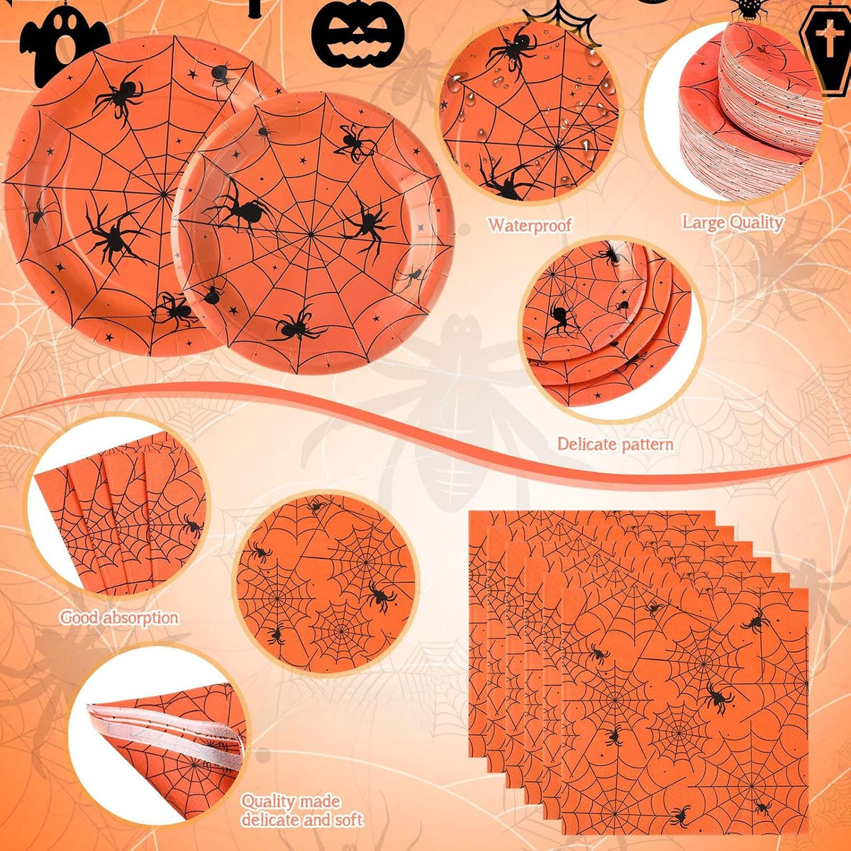 Funnymoom 452 Pcs Orange Halloween Spiderweb Party Supplies, Serves 50