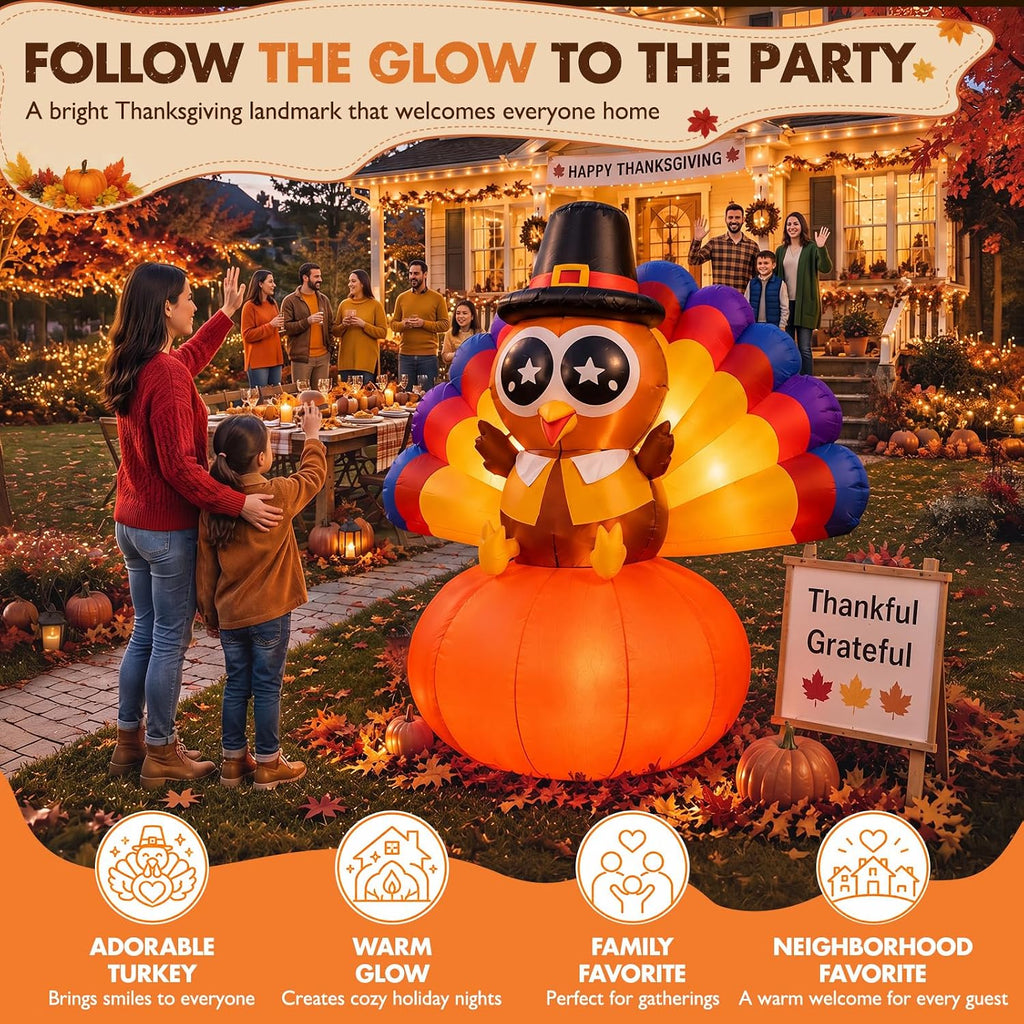 6.5ft thanksgiving inflatable turkey with pumpkin, outdoor fall, close-up detail