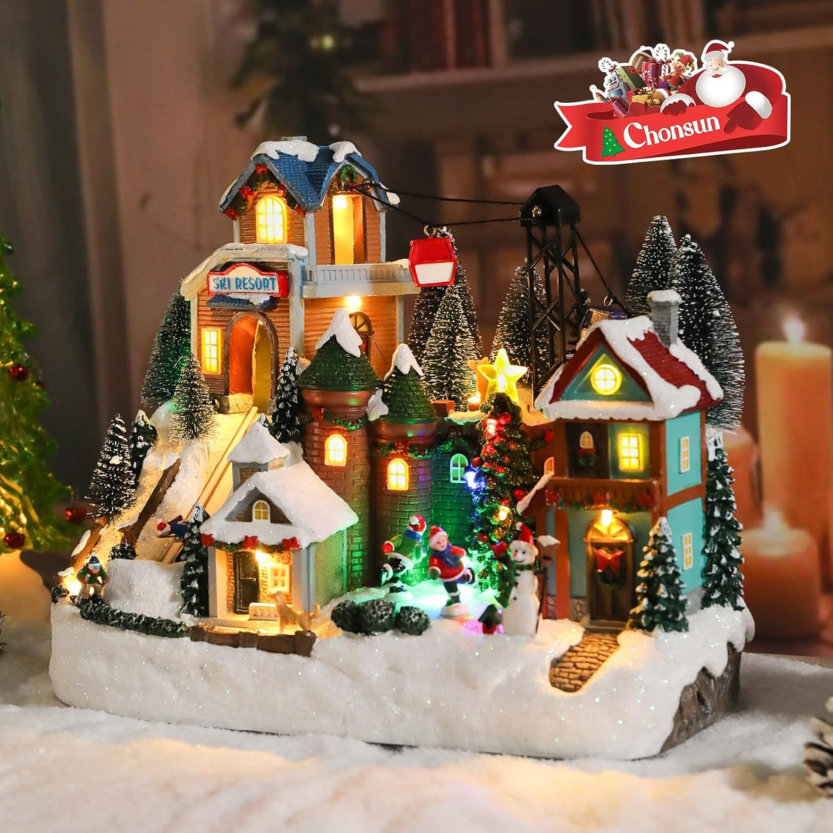 Christmas Village House 10.2 Inch Christmas Decorations Skiing Skating Cable Car Village People USB Holiday Music Town Indoor Lighted Houses for Room Tabletop Xmas Decor