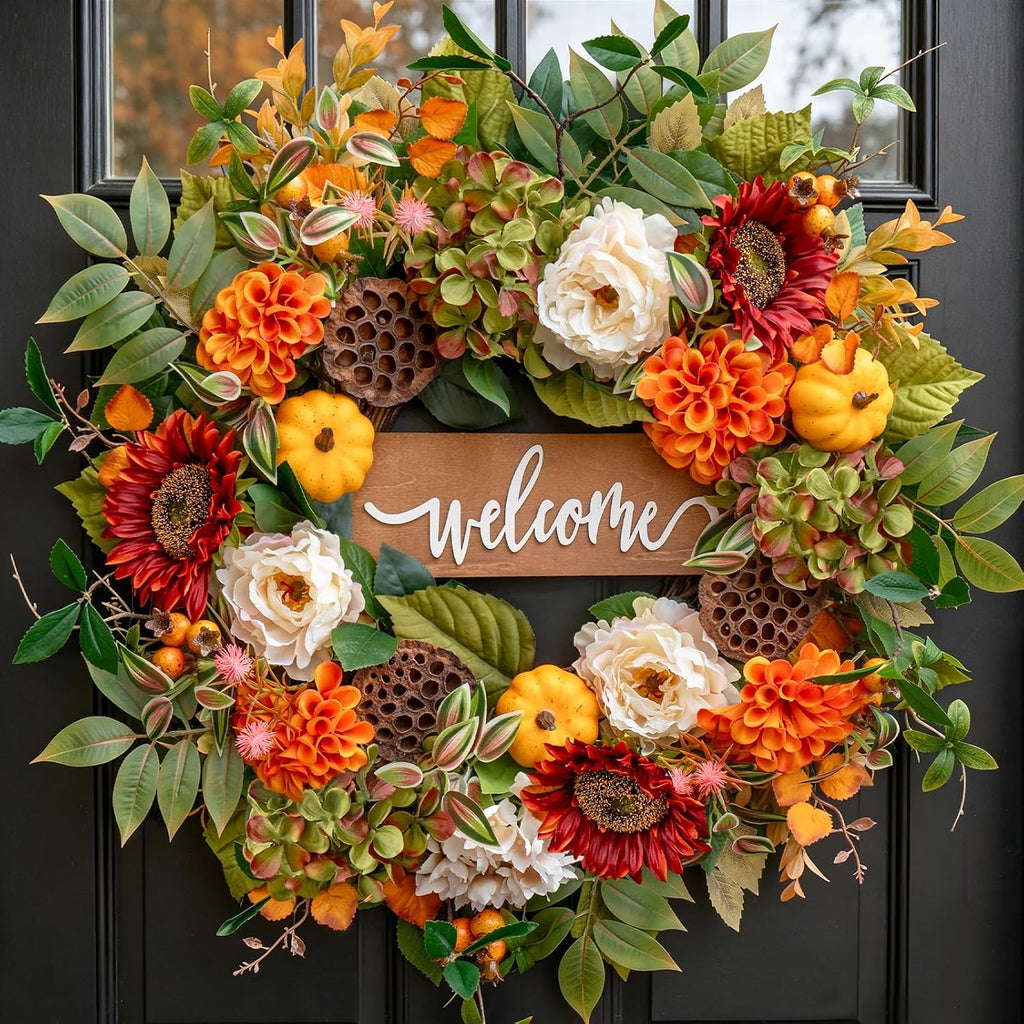24 Inch Fall Wreaths for Front Door, Autumn Door Decor Thanksgiving Wreaths