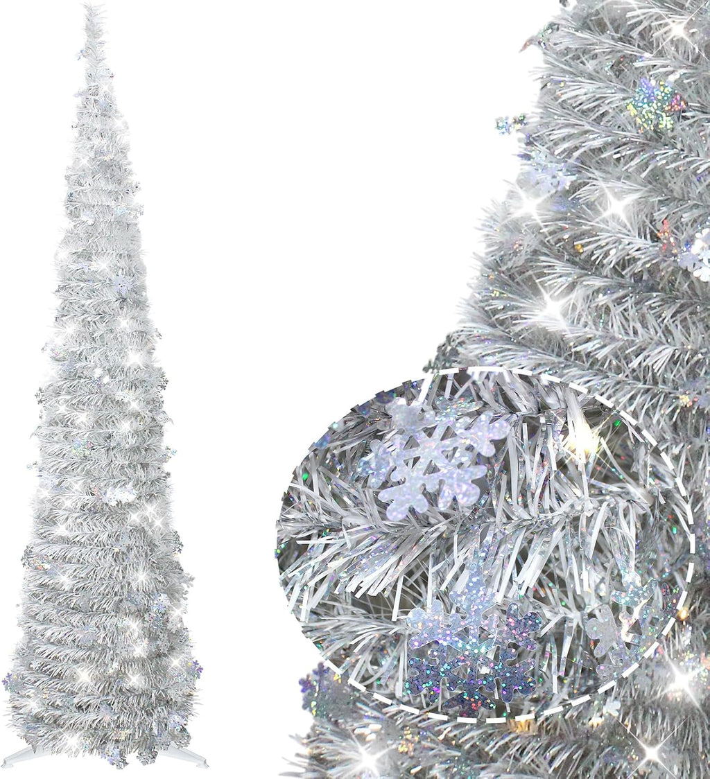 5ft pop up christmas tree pre-lit silver tinsel, close-up detail