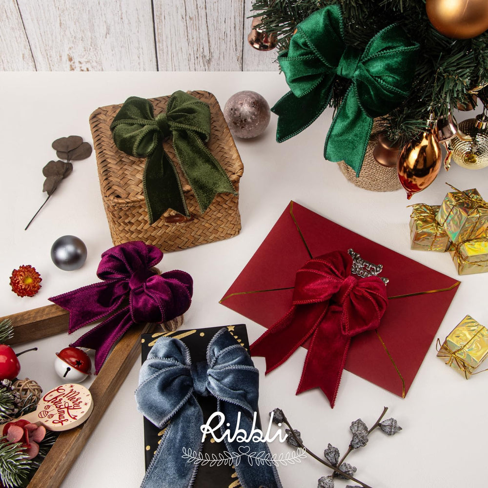 Ribbli Burgundy Velvet Wired Ribbon 2.5 Inch Velvet with Satin Christmas Ribb...