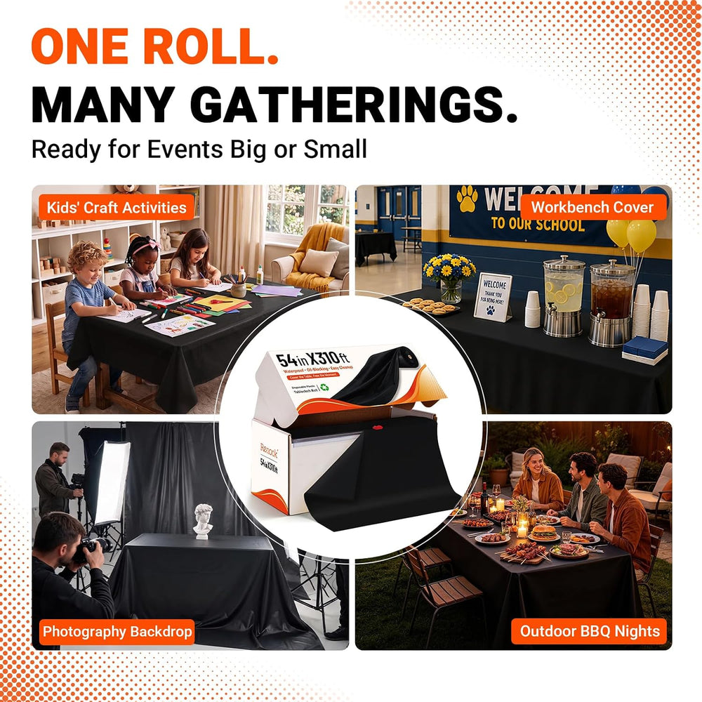 Plastic Table Cloth Disposable 54in x 310ft Black Tablecloth Roll Cutter