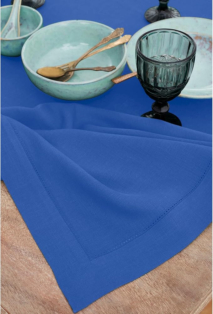 Solino Home Royal Blue Linen Tablecloth 60 x 144 Inch - 100% Pure Linen Hemstitch Table Cloth for Rectangle Tables - Classic Hemstitch, Machine Washable Tablecloth