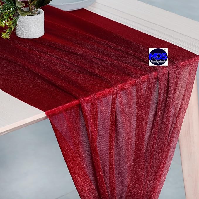 MDS 10 Pack 10ft Chiffon Table Runner 29 x 120 Inches Sheer Wedding Runner Romantic Rustic Table Runner for Wedding Decorations, Birthday Parties, Bridal Shower Party Arch Decor - Apple red
