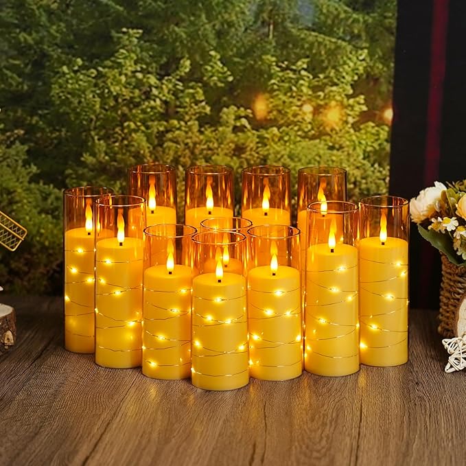 Flameless Candles with Embedded Star String - Battery Operated LED Candles, with Remote,12 Gold Flickering Candles for Christmas, Weddings, Home Decor & Party,(D 2.3"×H 5" 6" 7")