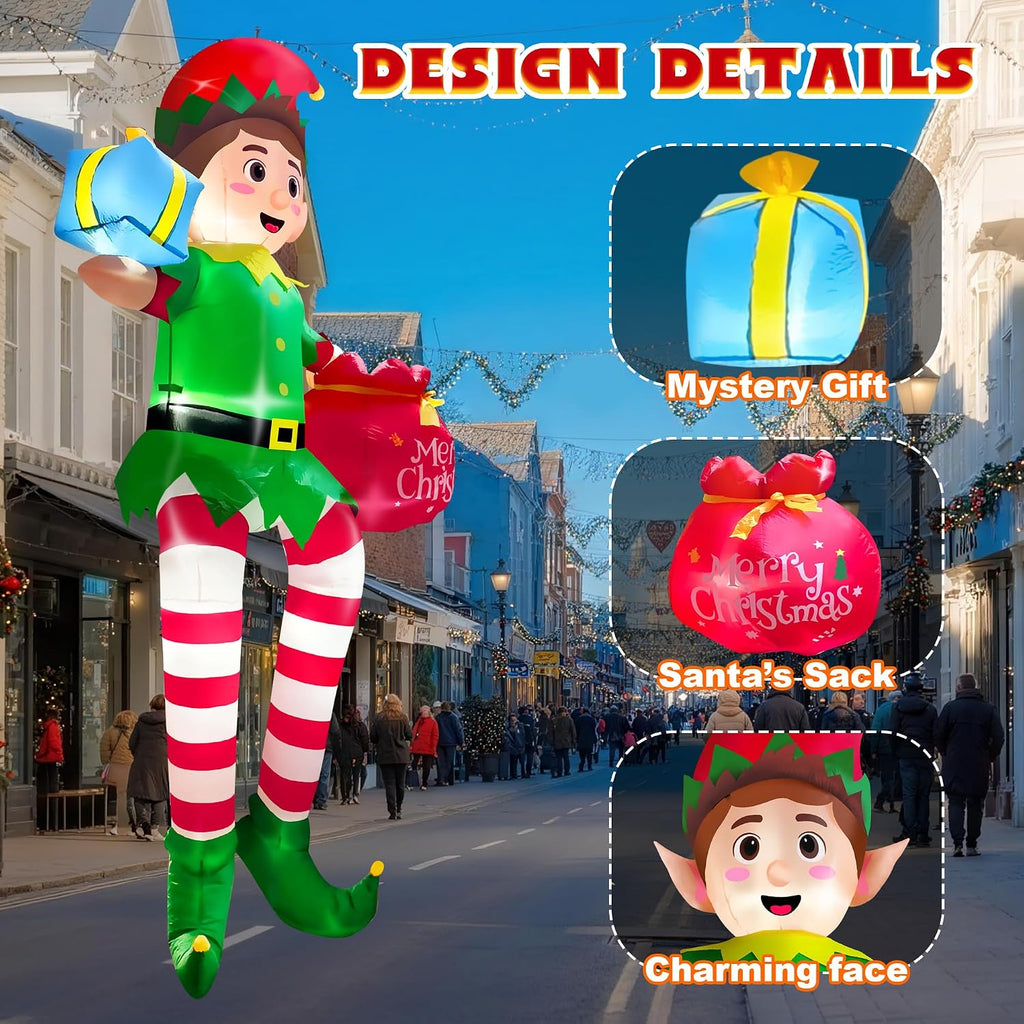 10FT Christmas Inflatable Outdoor Decoration, Sitting Elf Holding Gift Bag Christmas Blow up Yard Decorations with Built-in LEDs, Buddy the Elf Inflatable for Lawn Garden Roof Xmas Roof Decor