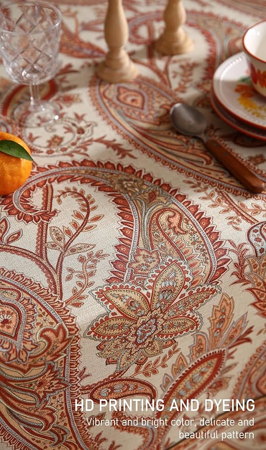 ISAENNE Designer French Red Round Tablecloth,Fall Linen Table Cloth with Cashew Pattern,Stain Proof Decor Tablecloths for Dining Thanksgiving Kitchen Christmas,Diameter 67"-Chauffrey D