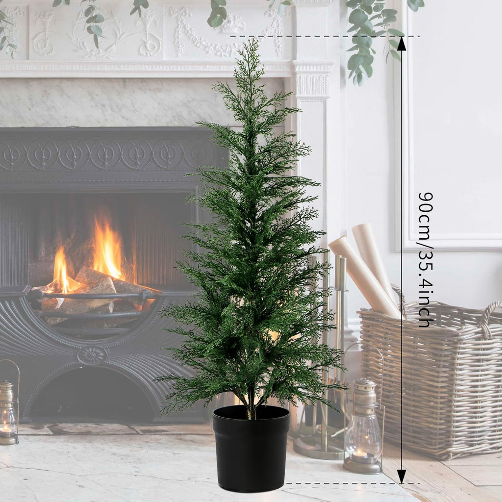 3FT Artificial Cedar Topiary Trees for Indoor Outdoors, Potted Fake Cypress Christmas Trees Faux Cedar Pines Evergreen Plants for Home Front Porch Decor (1, Green)