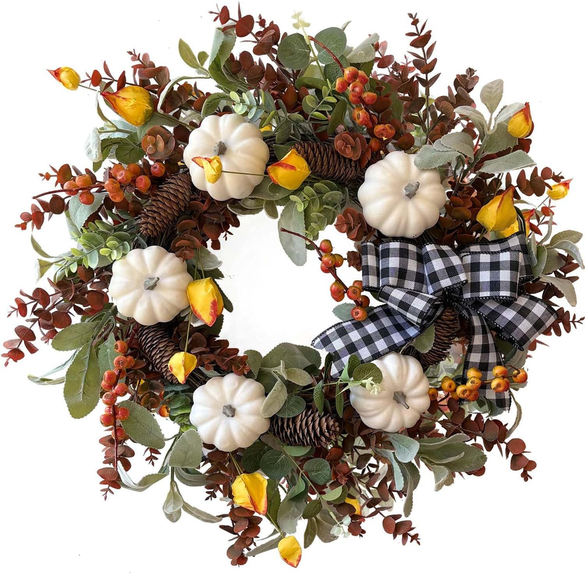 WANNA-CUL 24 Inch Farmhouse Fall Wreath for Front Door with White Pumpkins
