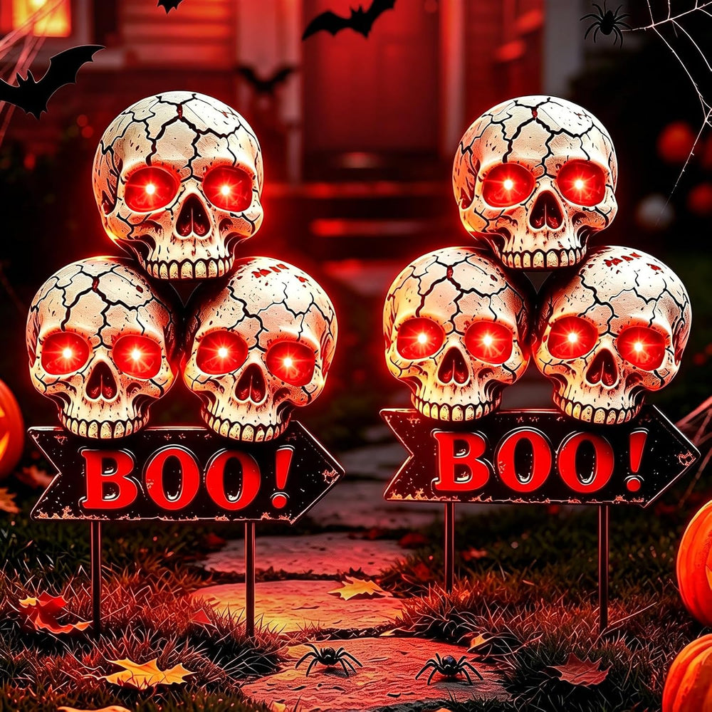 Halloween Decorations Outdoor, 2 Pack Solar Red Scary Skull Lights