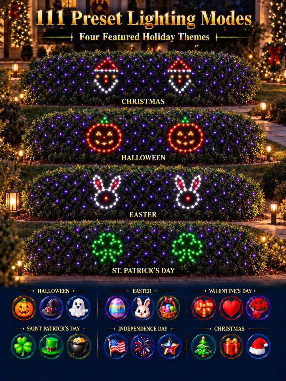 3 x 10 FT Smart RGB Net Lights, Hello Fairy App Control for Bushes
