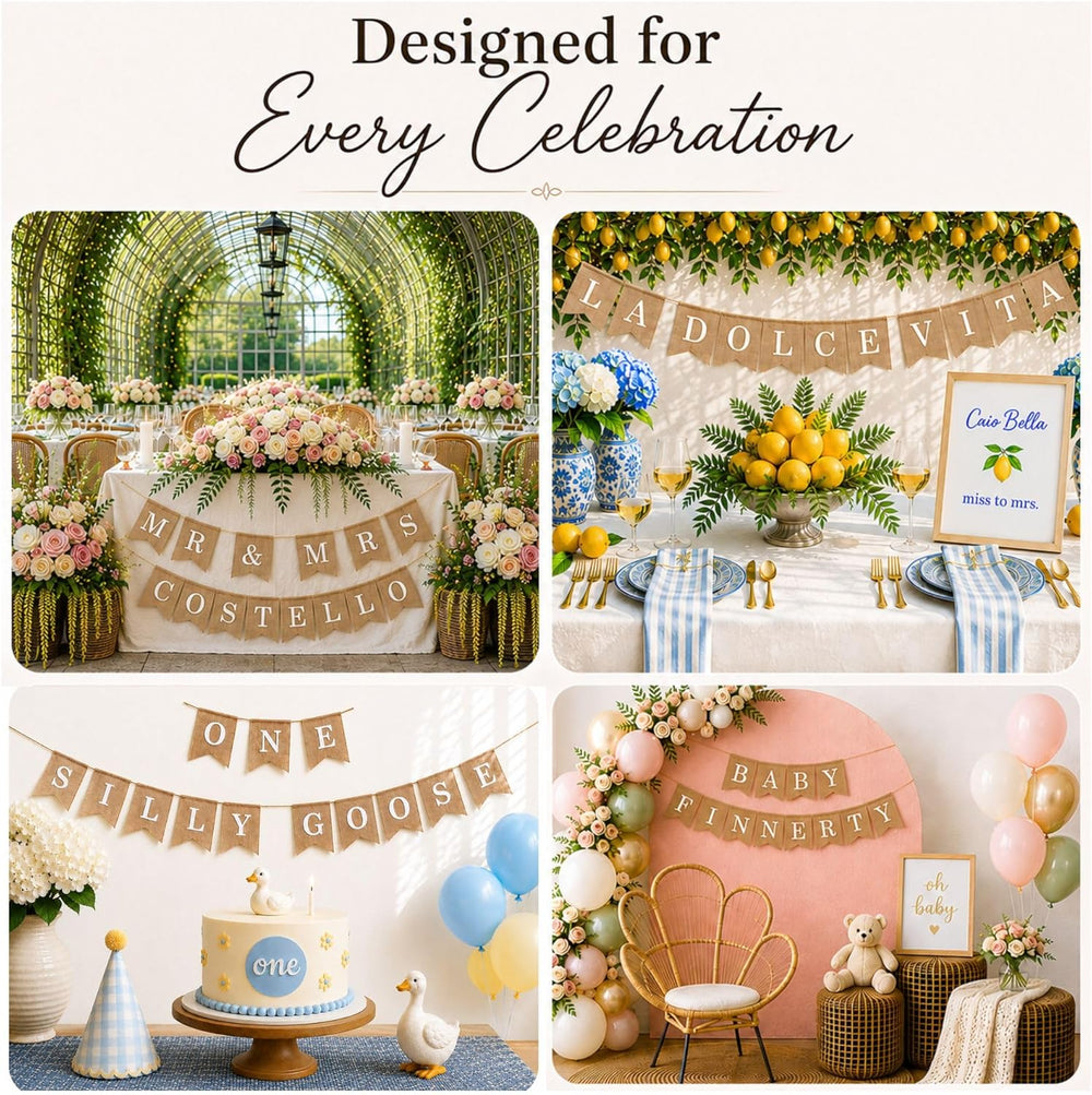 Pre-Printed Banner Kit – 97 BURLAP Flags with WHITE Letters, Numbers & Sy...