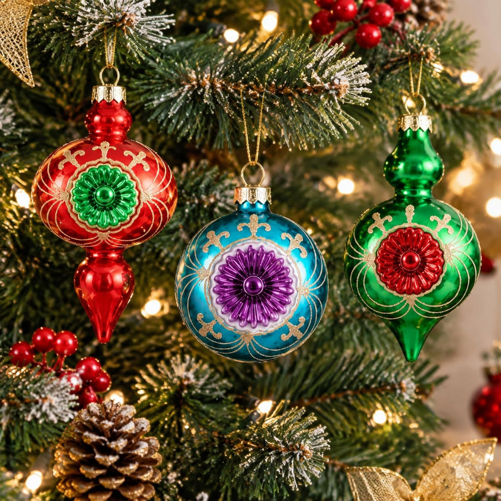 Soulchen 10 Pcs Vintage Glass Christmas Ornaments, Glitter, Retro