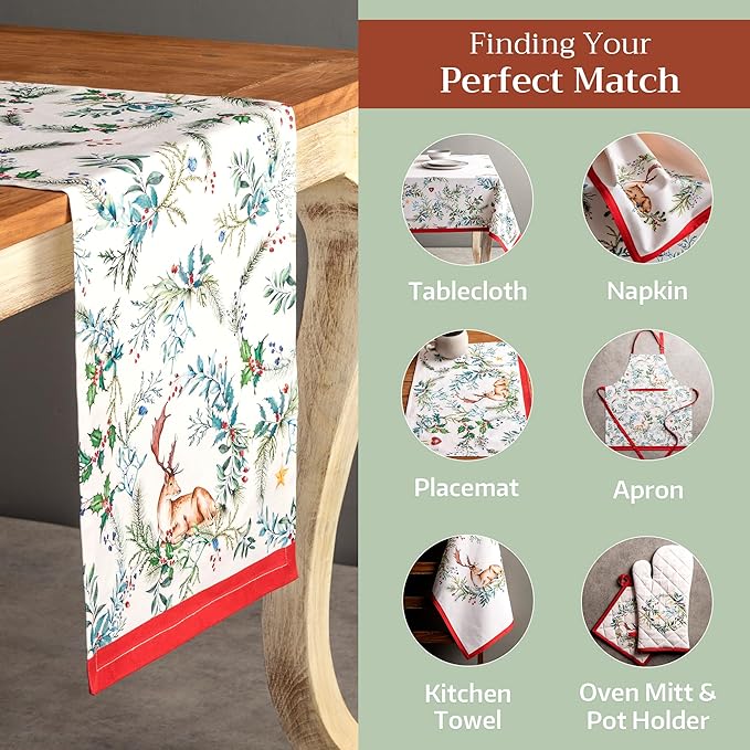 Maison d' Hermine Table Runner 100% Cotton Double Layer Table Runners 108 inches Long for Thanksgiving Christmas Decorations Home Kitchen Dining Party Wedding (Holly Time, 14.5" x 108")