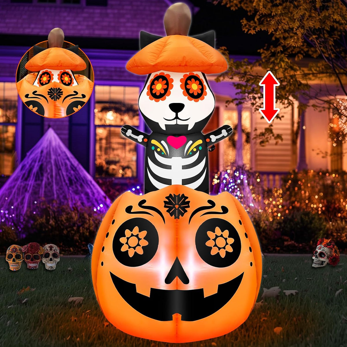 5 Ft Day of The Dead Inflatable Animated Sugar Skull Black Cat On Pumpkin