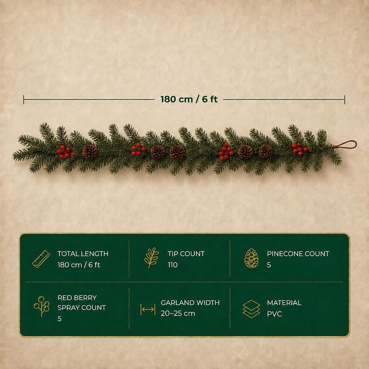 6 FT Artificial Christmas Garland with Berry and Pinecone Accents