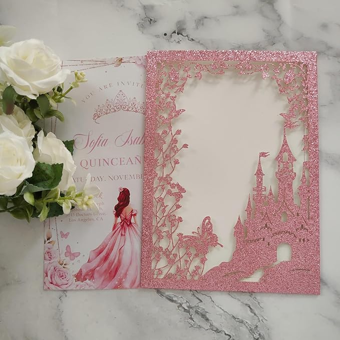 20PCS Castle Pocket Invitations, Quinceanera Invitations with Envelopes, Princess Invitation, Laser Cut quince invites (glitter pink)