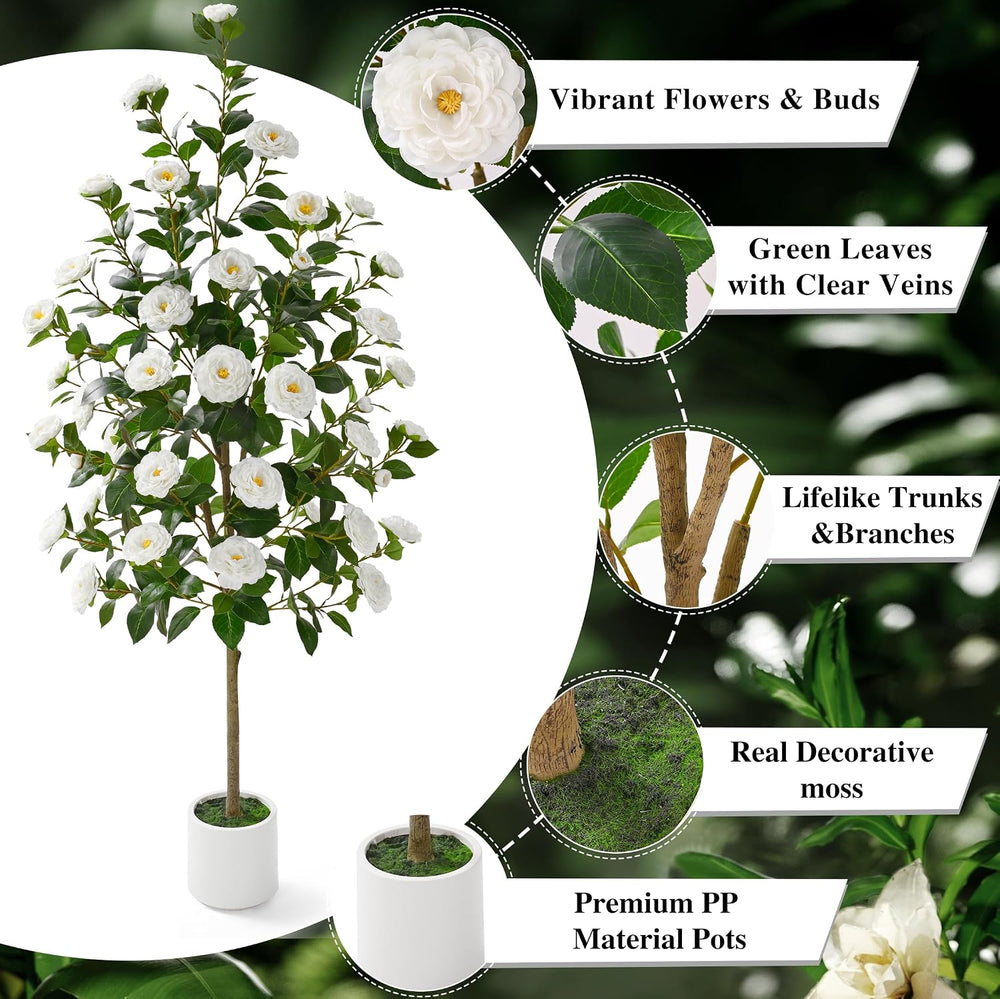 2 Pack 5 FT Artificial Camellia Tree, Artificial Tree Plants Outdoor