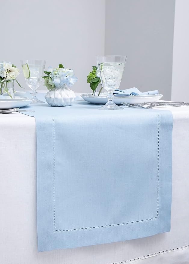 Solino Home Linen Sky Blue Table Runner 72 Inches Long - 100% Pure Linen Hemstitch Table Runner 14 x 72 Inch for Dresser, Dining, Holiday - Classic Hemstitch