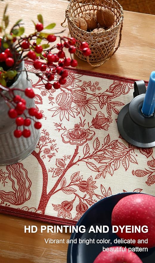 ISAENNE Designer Chinoiserie Elegant Linen Table Runner 102 Inches Long,Red Floral Pattern Decor Table Runners for Thanksgiving,Dining Room,Banquet,Kitchen Tables,Christmas,12"*102"-Ruyi A