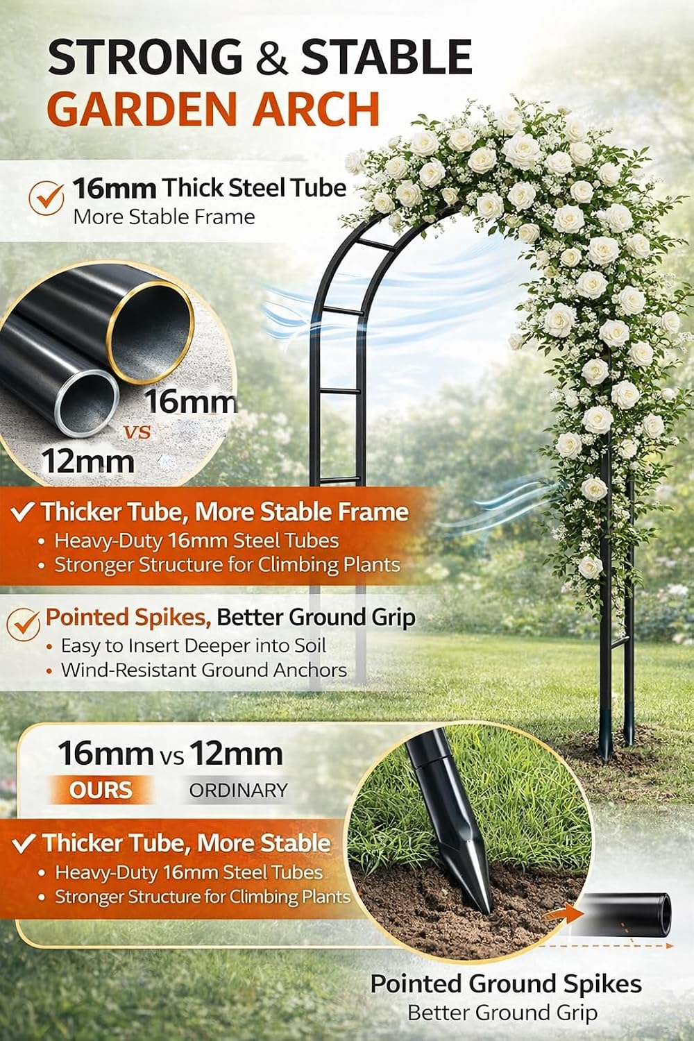 Thickened Tube Garden Arch,7.3ft Heavy-Duty Metal with 16mm Steel Tubes &...