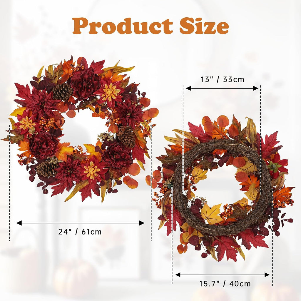 24" artificial fall floral wreath for front door, close-up detail