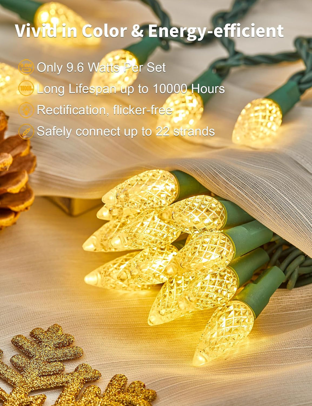 bohon christmas lights warm white faceted c6 34ft, side view