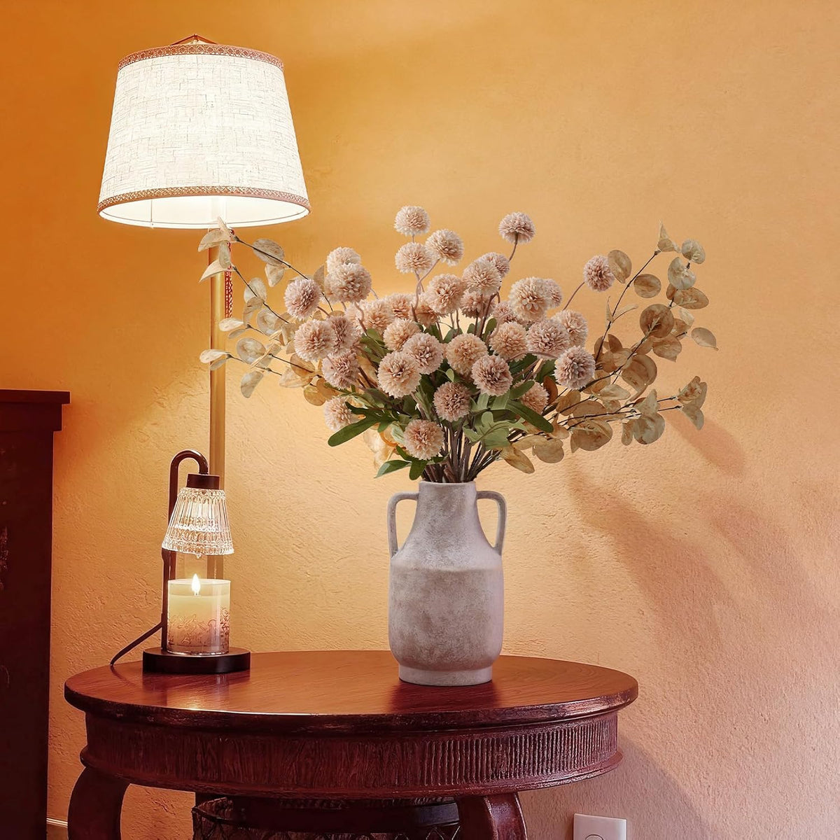 Real-Touch Faux Silk Mums Bouquet, 12 Pcs with 2 Eucalyptus Stems, Bendable Long Stems, Full & Realistic Artificial Flower Arrangement for Vase, Table, Wedding & Wreath Décor, Beige (No Vase)