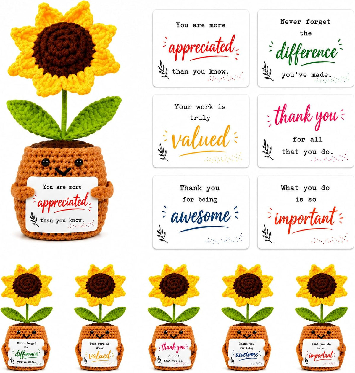 Handmade Positive Sunflower Crochet with Cards - Appreciation Gift for Coworkers, Teachers, Nurses and Friends - Desk Decor (6 Pack)