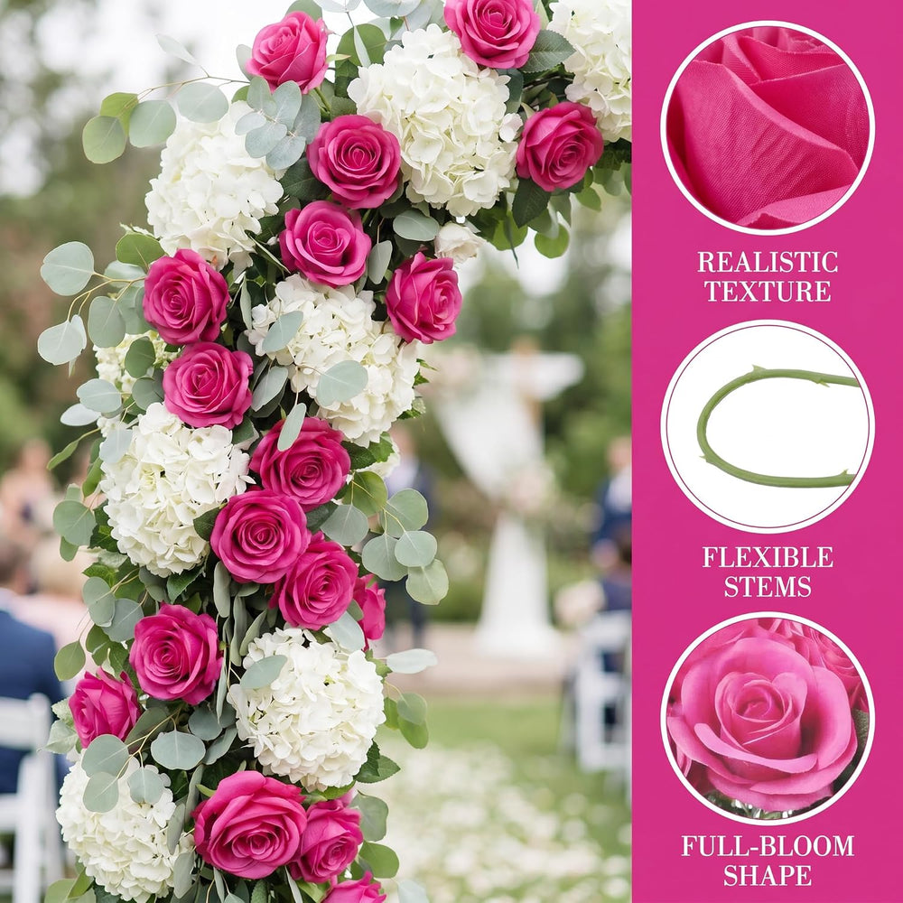52pcs Hot Pink Roses Artificial Flowers Fake Flowers Silk Roses with Stems fo...