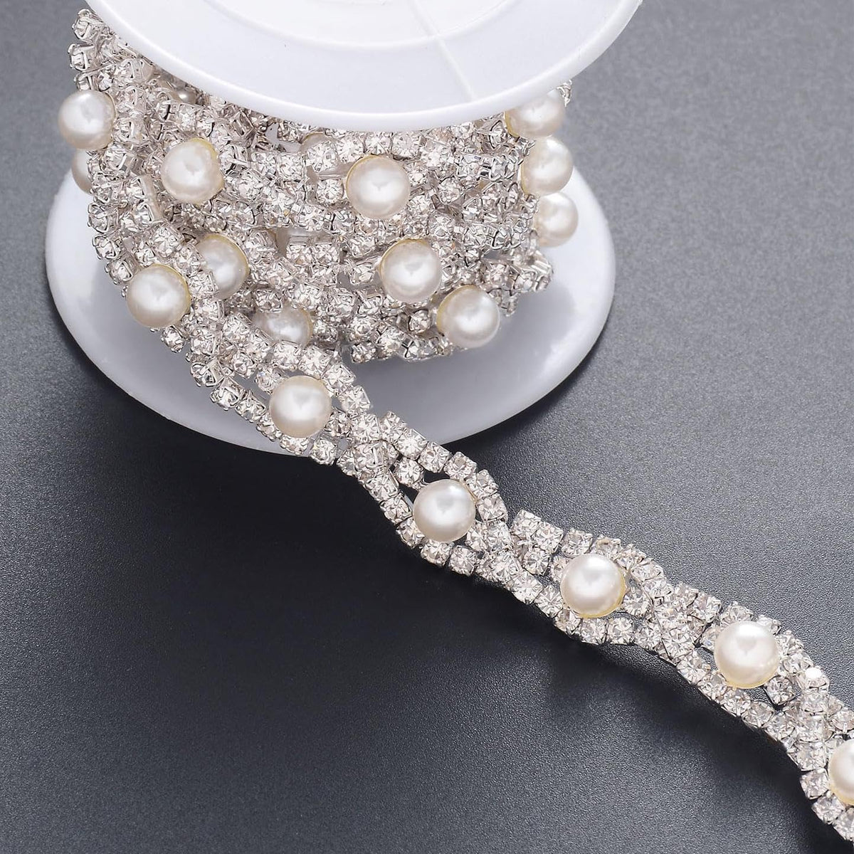 Jerler 2 Yards Pearl Rhinestone Trim, Inlaid Pearl Beaded Chain, Crystal Applique Ideal for DIY and Wedding Party Decoration Bridal Embellishments, 0.8" Width (Eye Pearl, 2 Yards)