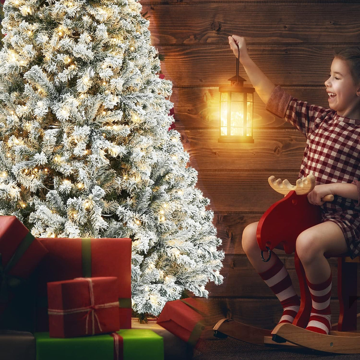 Okicoler 6.5ft Pre-Lit Snow Flocked Artificial Christmas Pine Tree with ELD Lights and Metal Base Stand for Home, Office, Party,Xmas Decoration,White (6.5ft)
