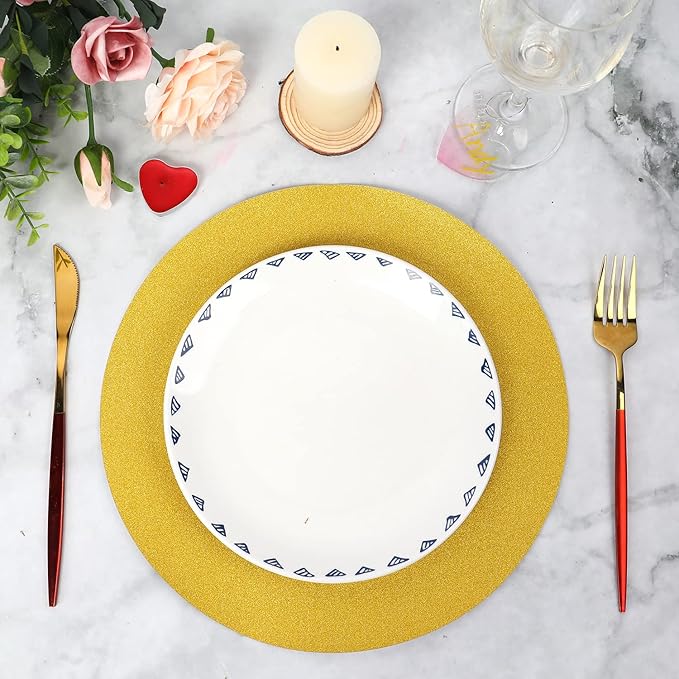 50 Pieces Gold Glitter Paper Place Mats Sparkle Round Disposable Table Mats Golden Sequin Doilies Decorative Placemats for Wedding Banquet Party Home Dining Tableware