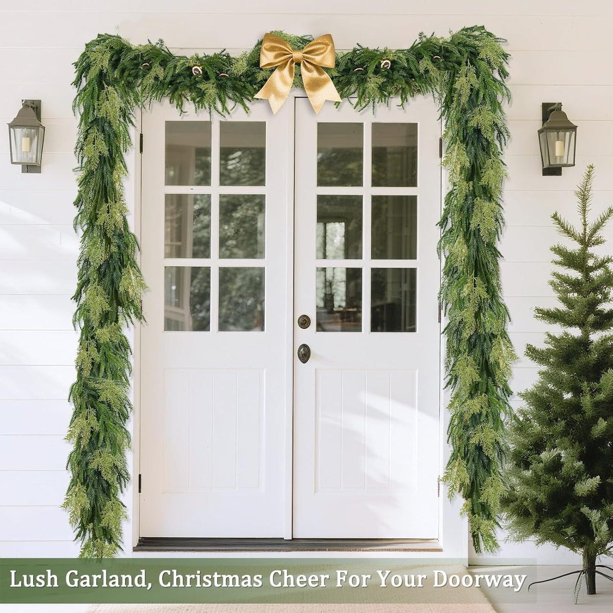 Extra Thick&Lush - 6Ft by 12 Inch Artificial Garland Norfolk Pine Garland, Real Touch Cedar Garland, Realistic Soft 120 Branch Tips Pine&Cedar Faux Greenery Cypress Garlands for Mantle Outdoor Indoor