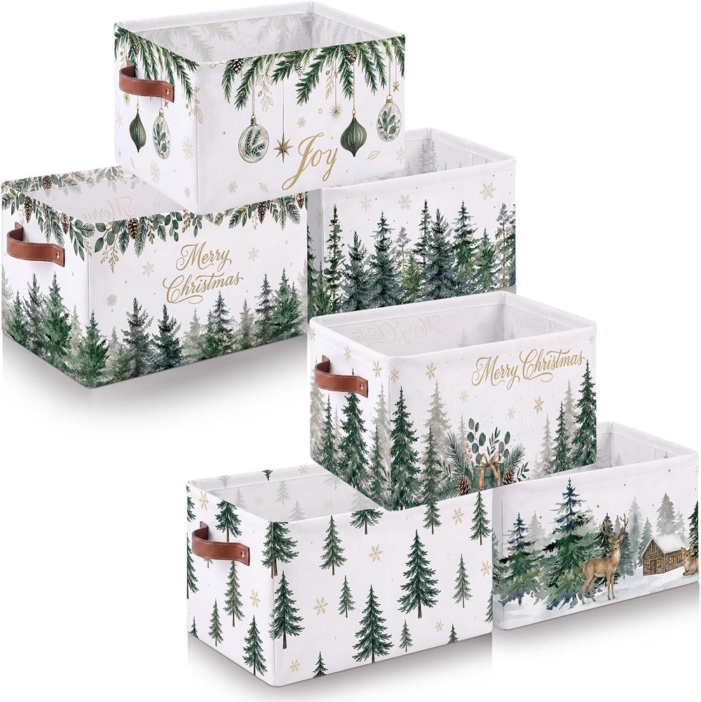 6 Pcs Christmas Tree Storage Bins with Handles, Green Pine Gift Baskets