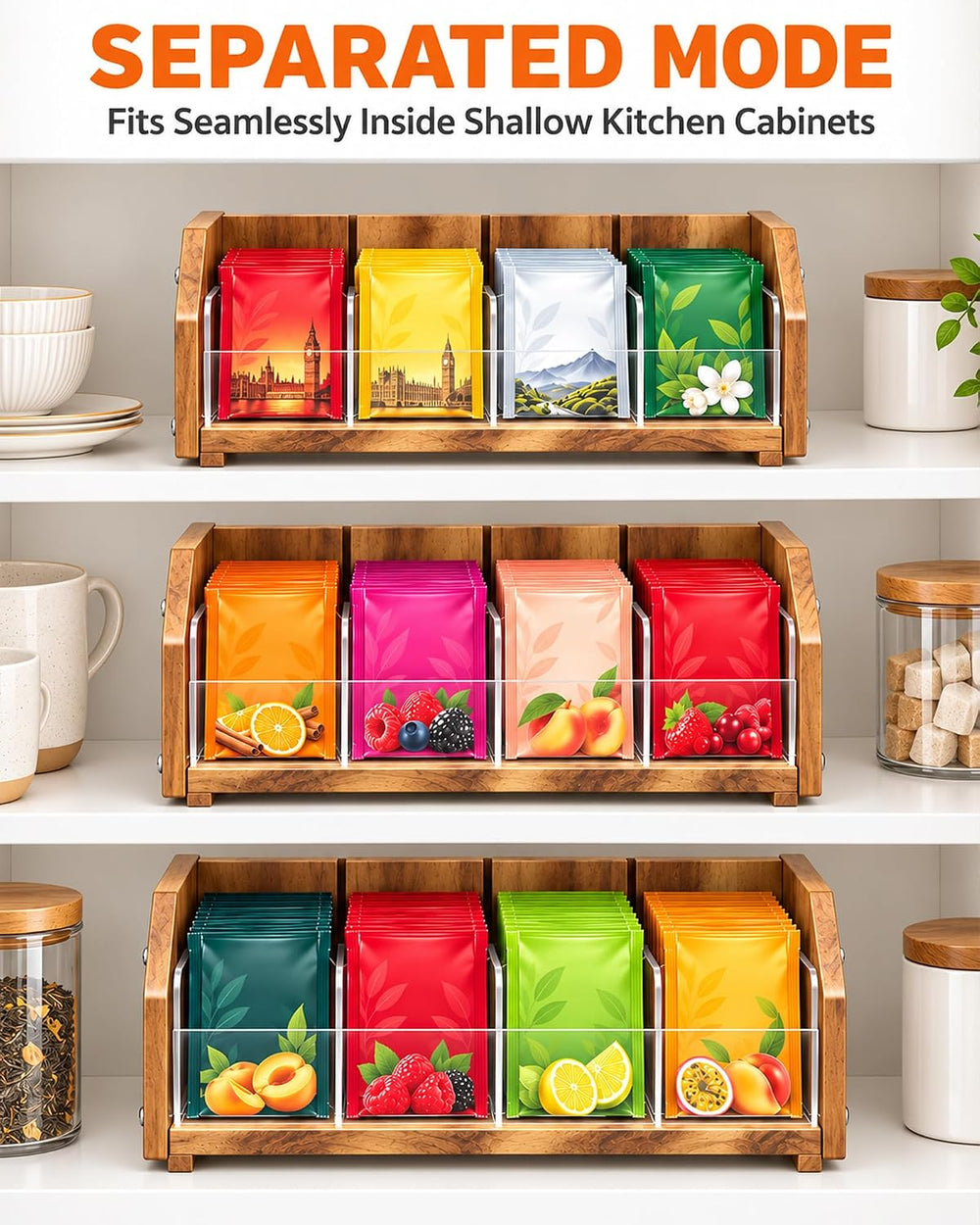 Solid Acacia Wood Tea Bag Organizer, 3 Tiers in Large, Medium & Small
