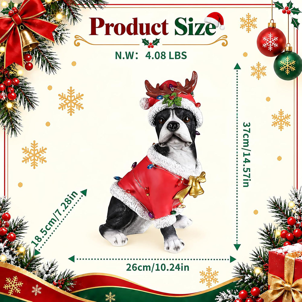 Lighted Christmas Bulldog Statue with Antler Hat