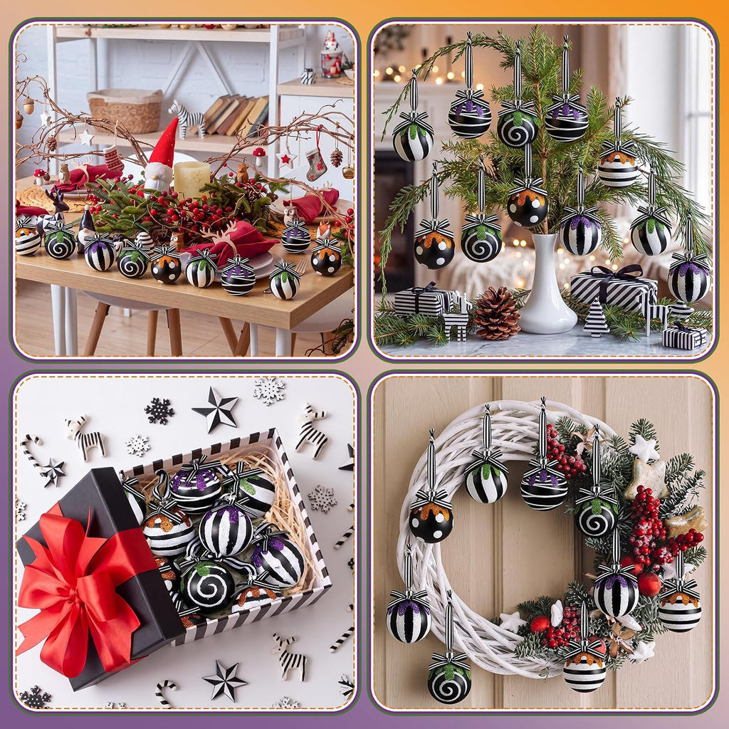 24 Pcs 2.36 Inch Black and White Halloween Christmas Ball Ornament for Tree