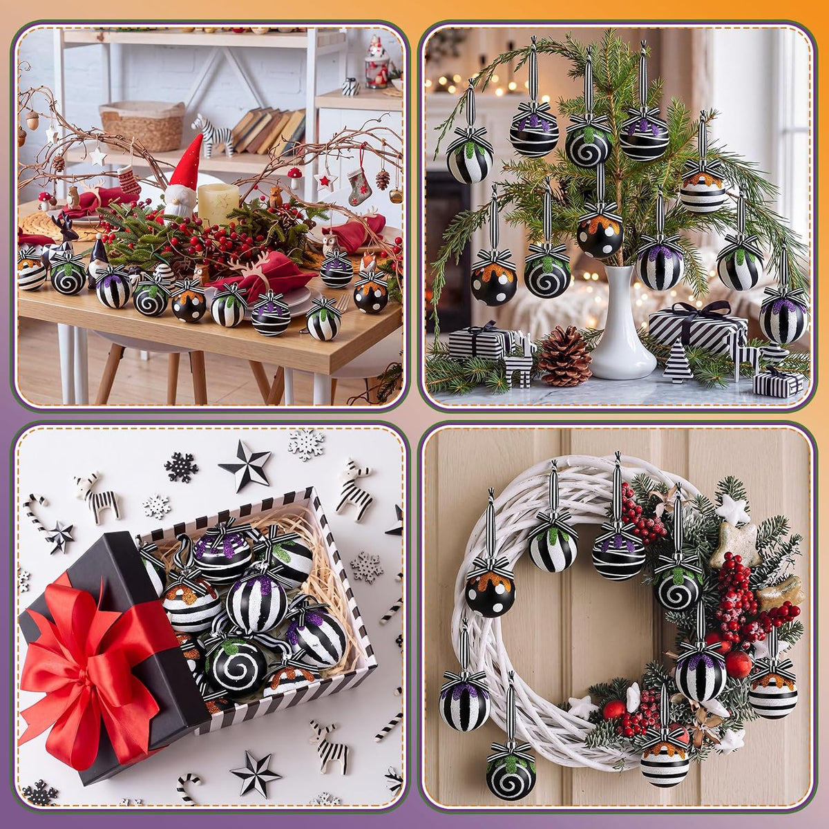 24 Pcs 2.36 Inch Black and White Halloween Christmas Ball Ornament for Tree
