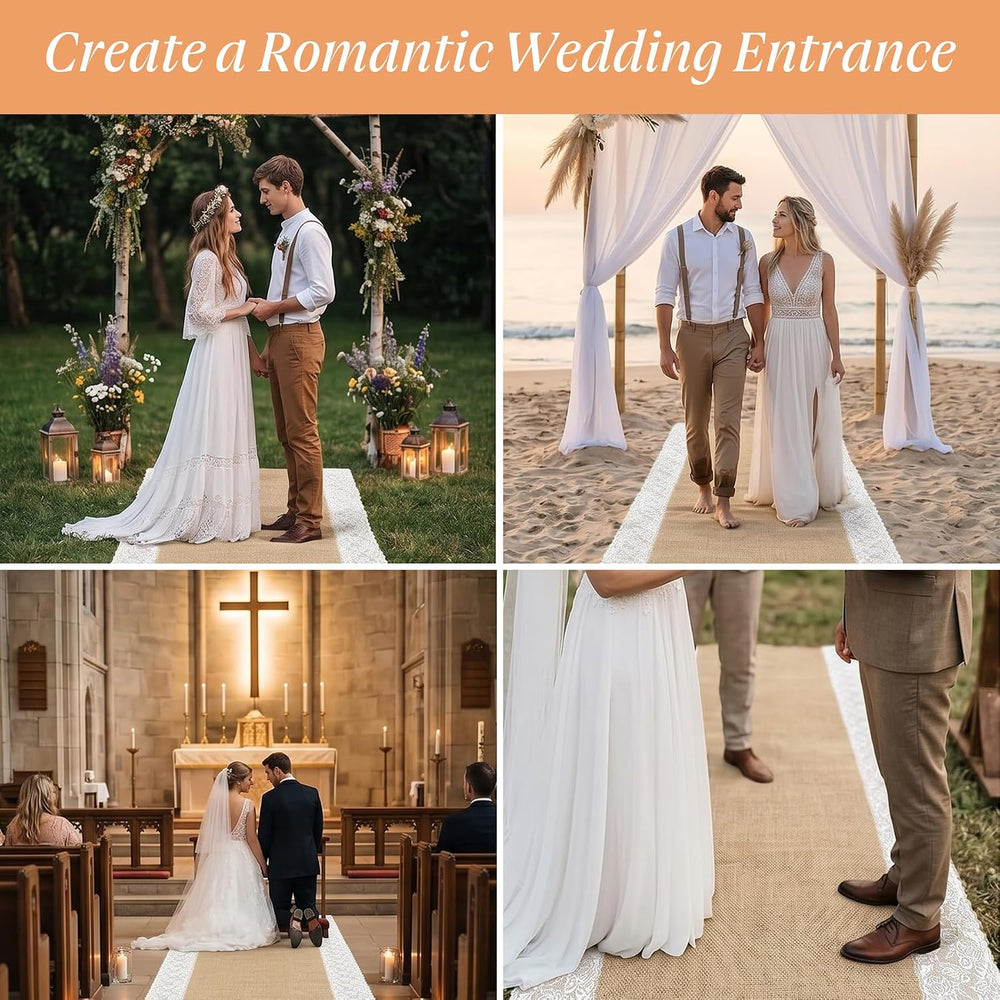 3x33ft Thickened Burlap Wedding Aisle Runner Lace, Natural Jute Runner for Ou...